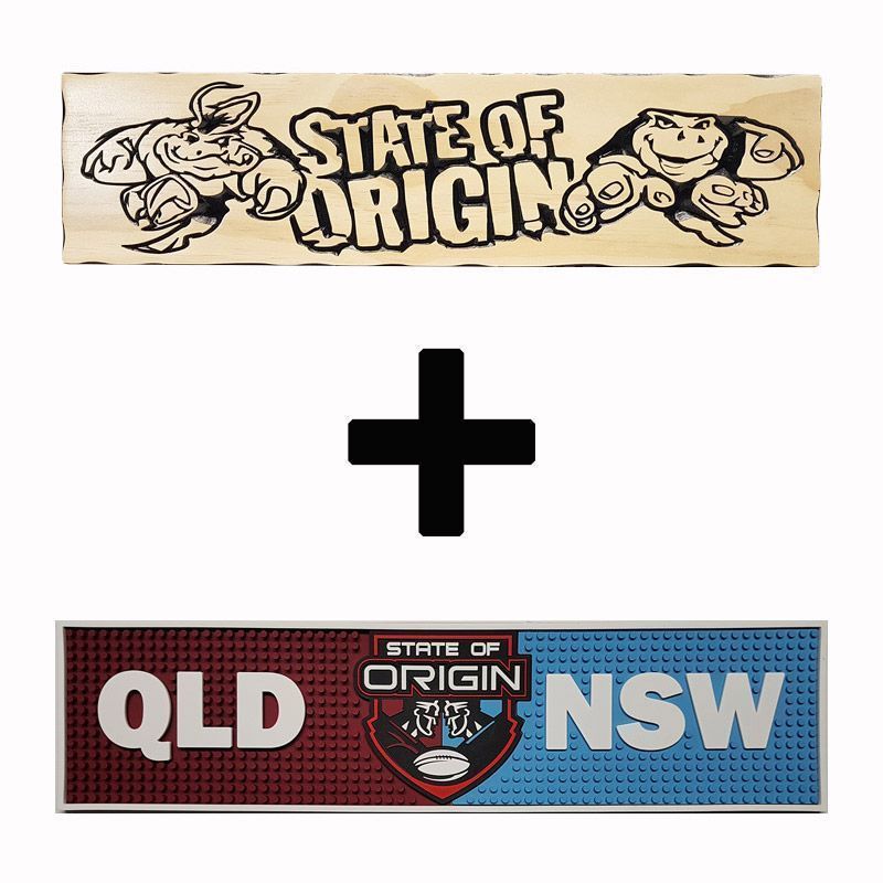 State Of Origin Timber Sign+Bar Mat - Combo Pack