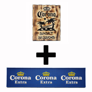 Corona Sunset Sessions 2 Rustic Combo Pack - Timber Sign + Rubber Bar Mat Runner