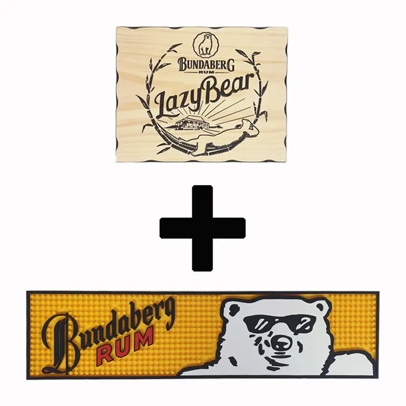 Bundaberg Bundy Rum Lazy Bear Combo Pack - Timber Sign + Rubber Bar Mat  Runner - Bettaline Designs