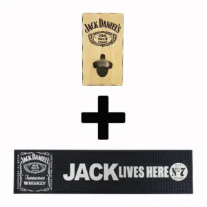 Jack Daniels Combo Pack - Bottle Opener + Rubber Bar Mat Runner
