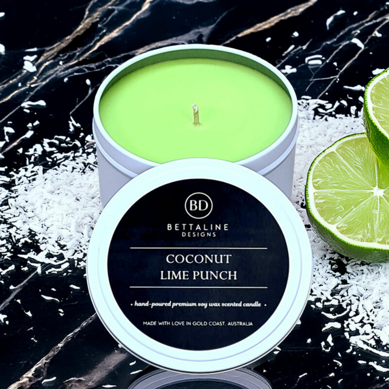 Coconut Lime Punch Tin Front Angle with front lid scent without circle